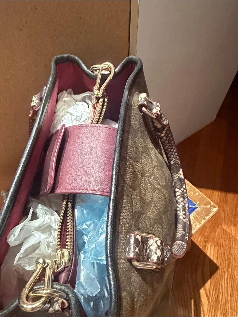 Coach Brown Signature Satchel with Pink-Trim Handles